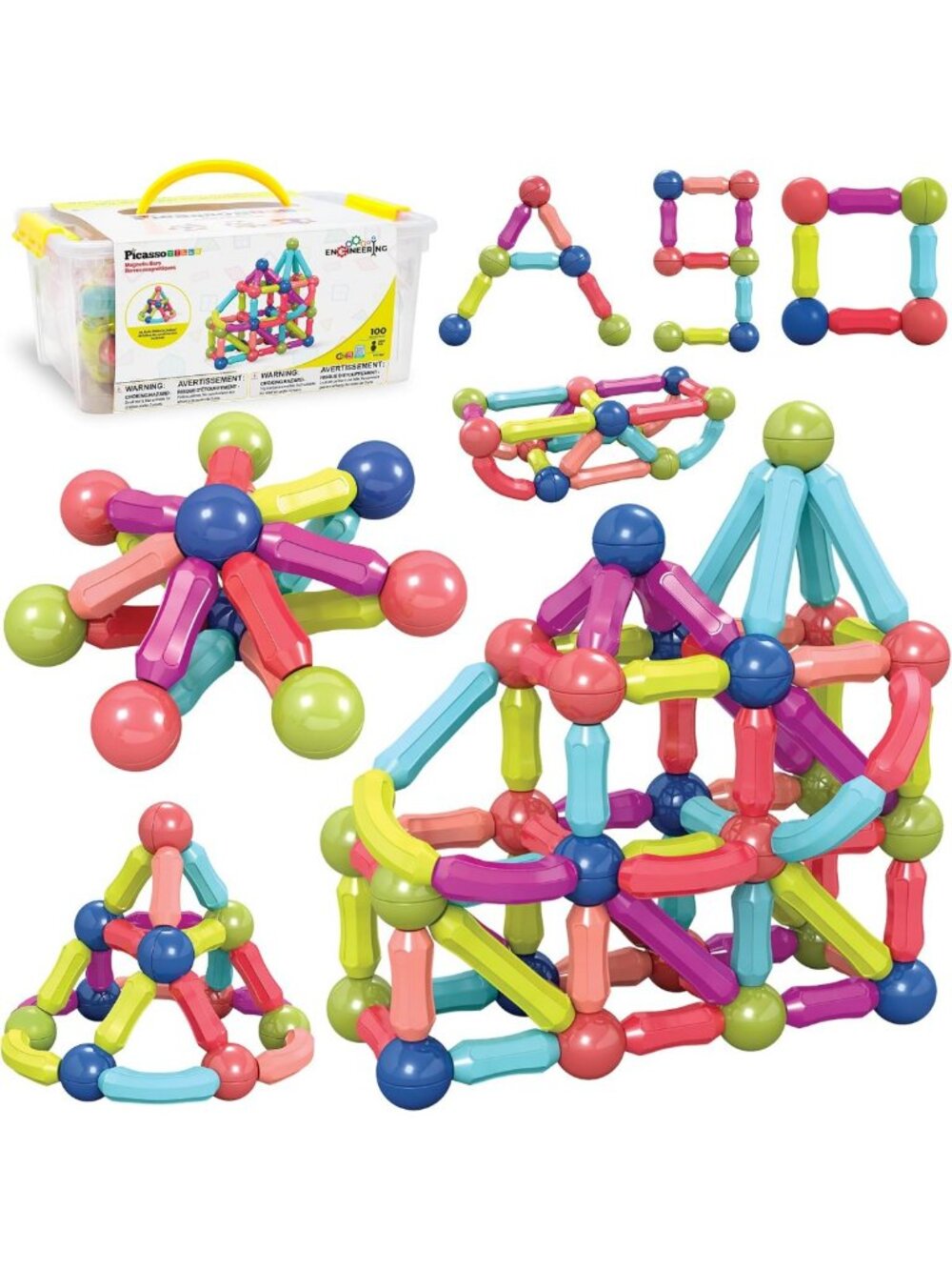 Colorful 100-Piece Magnetic Building Blocks Set with Storage Bin | STEM